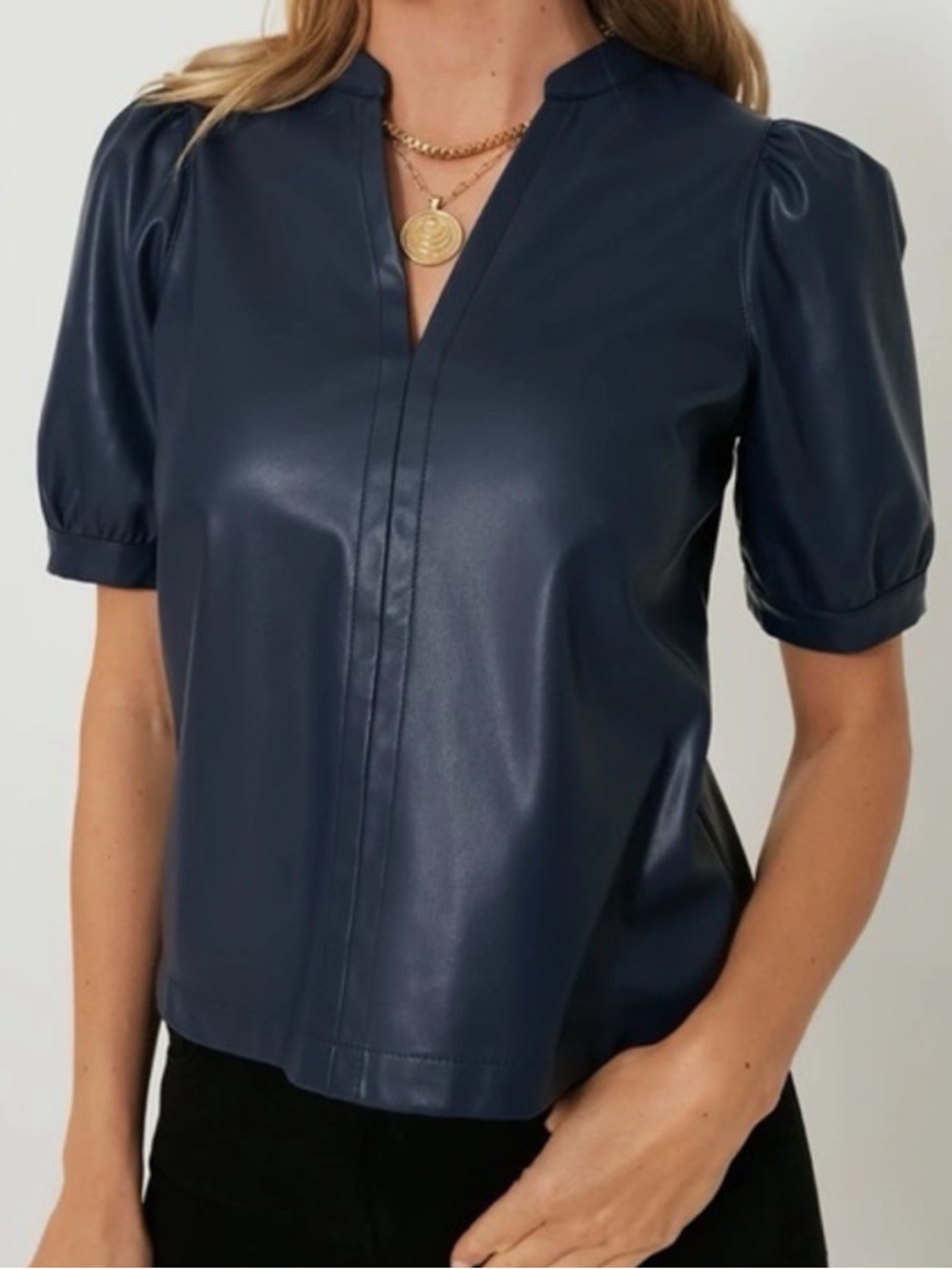Tuckernuck Hyacinth House Women's Navy Faux Leather V-Neck Short Sleeve Top